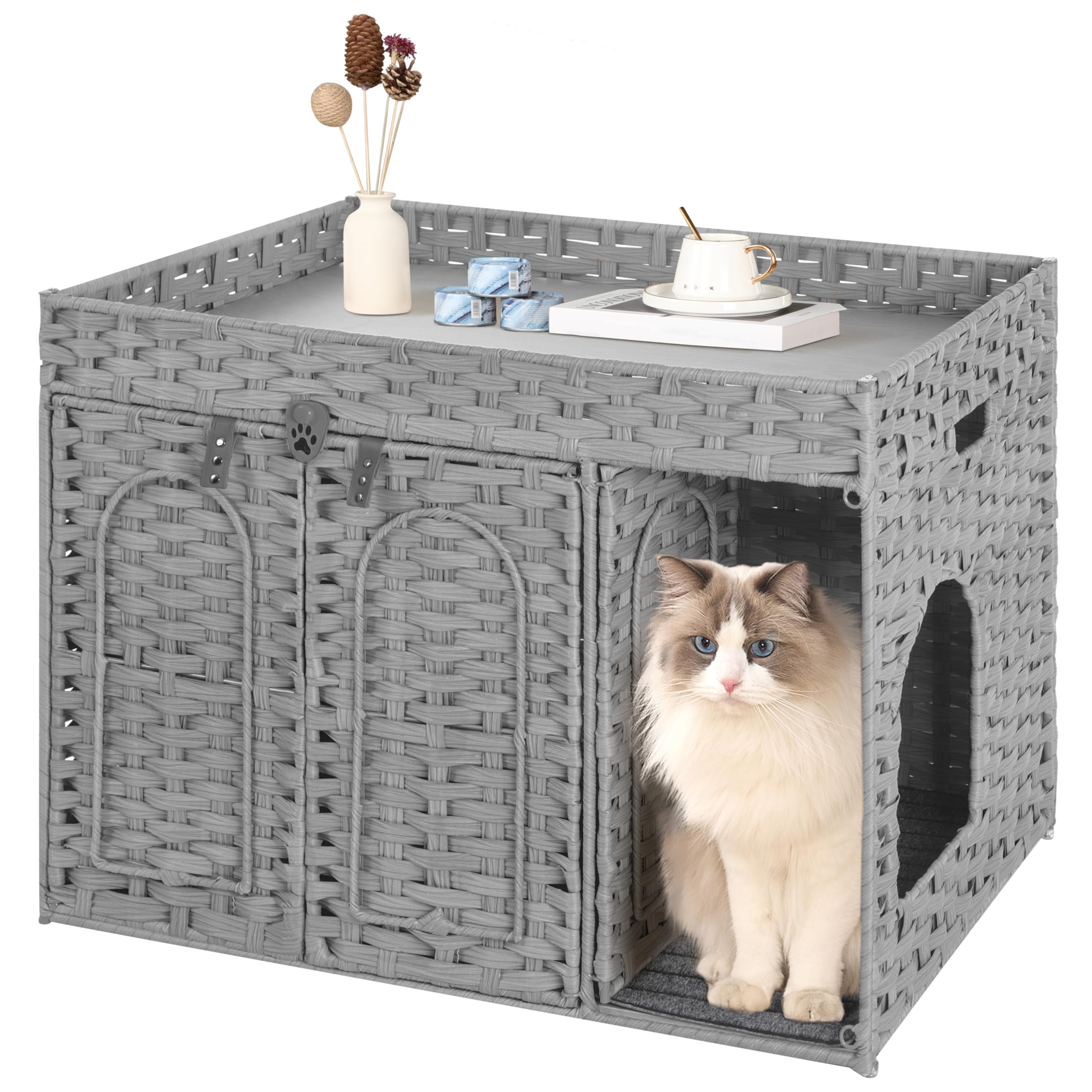 Hzuaneri Cat Litter Box Enclosure with Rattan Fence Large Space Rattan Cat House Furniture 31.5 x 20 x 22.5 Inches 2 Modes with Cleaning Mat Corridor Living Room Balcony Gray CB83199G